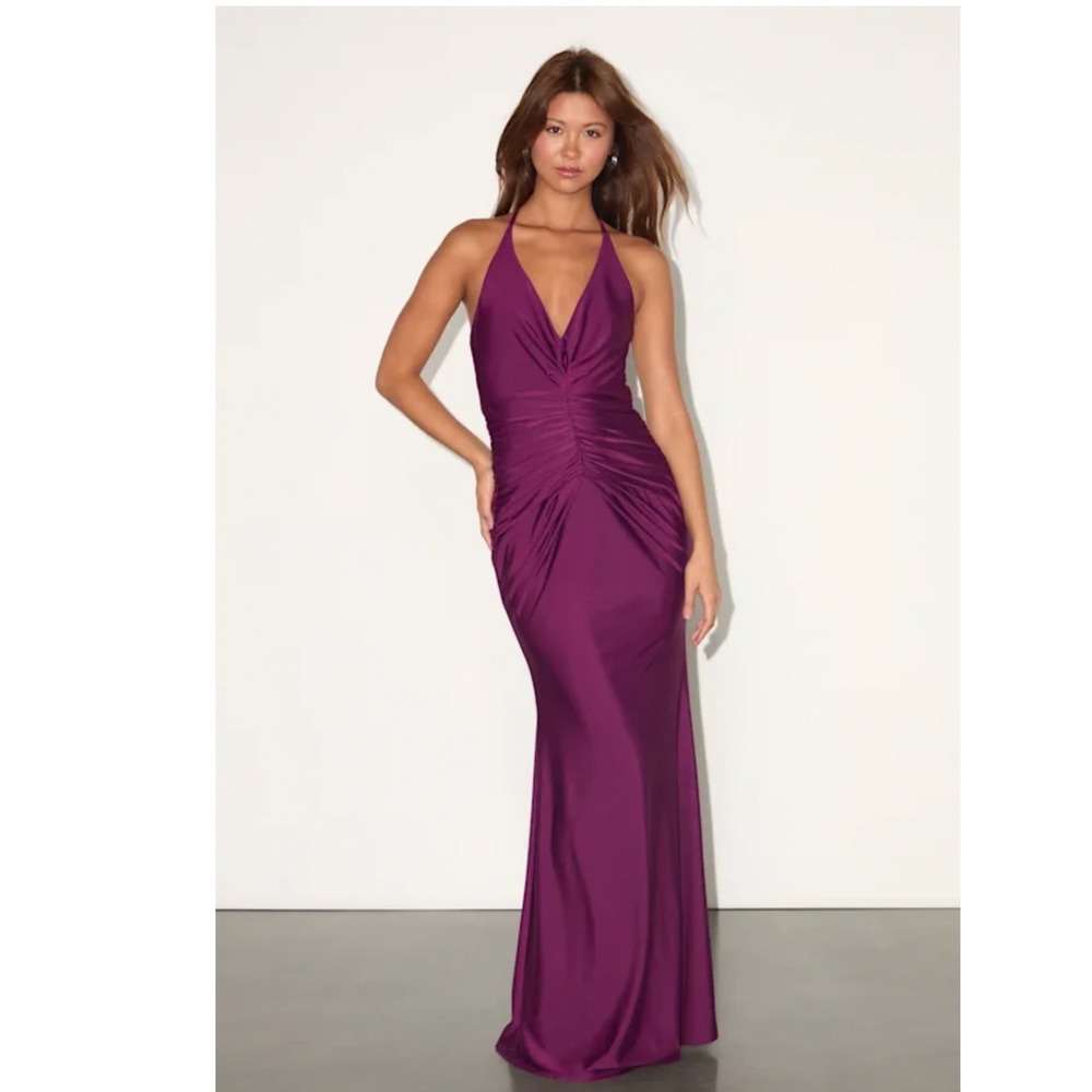 Lulus Zaniya Plum Ruched Halter Maxi Dress Size Large